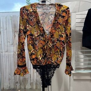Free People Floral Bodysuit - Black and Orange